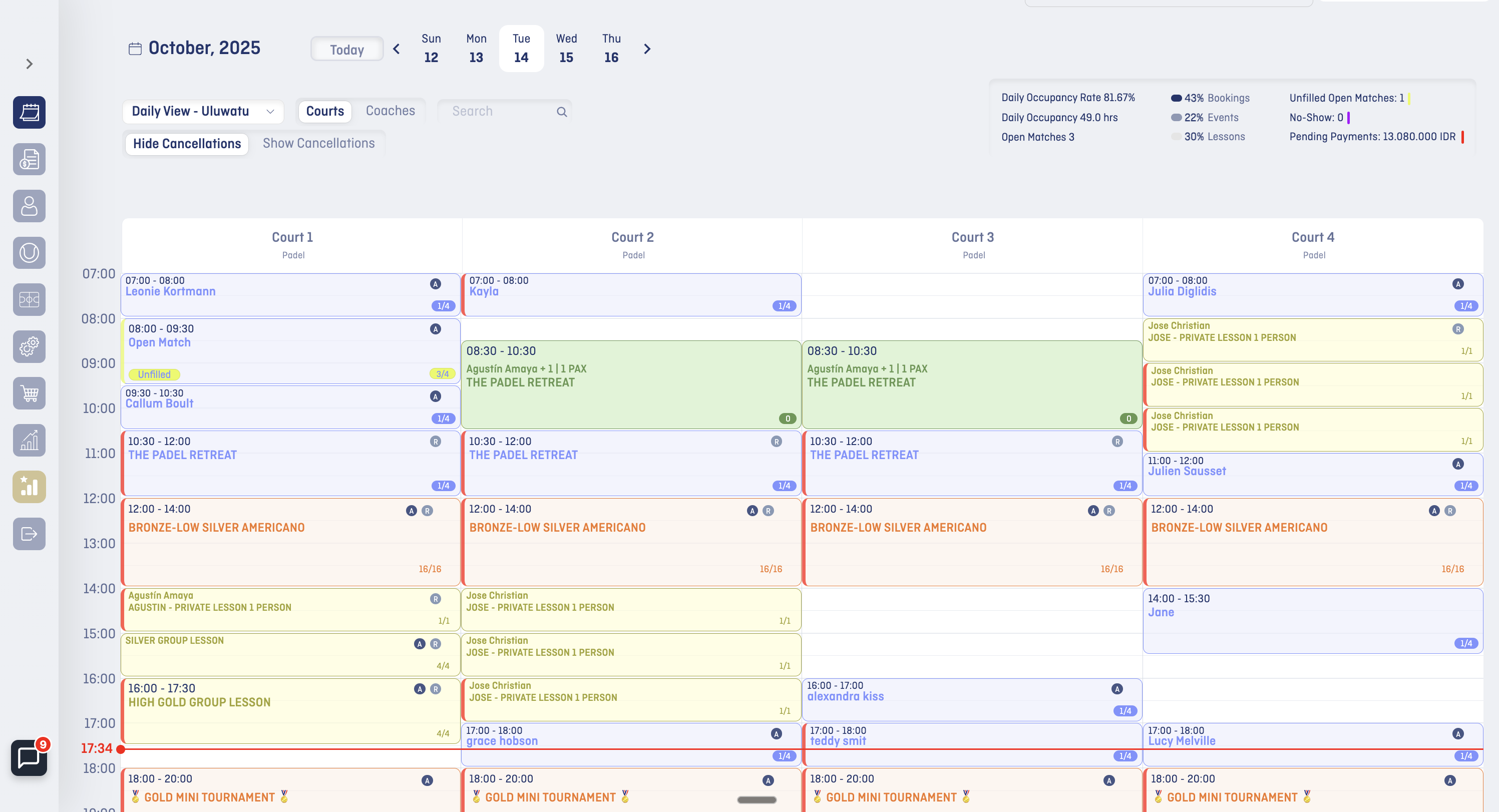 Court Calendar View with Occupancy Metrics